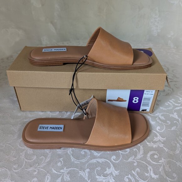 New STEVE MADDEN Tan Leather Slide Sandal Size 8 - Picture 1 of 6